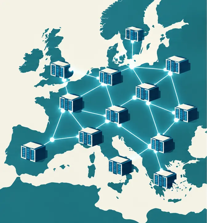 A map of Europe with twelve supercomputer halls linked together by lines of light.