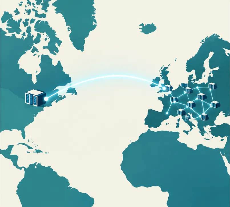 A new line of light extending from Europe's twelve linked supercomputer halls across the Atlantic to Canada.