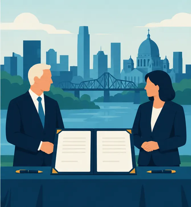 Two leaders at a summit in Montreal standing beside an agreement that is not yet signed.
