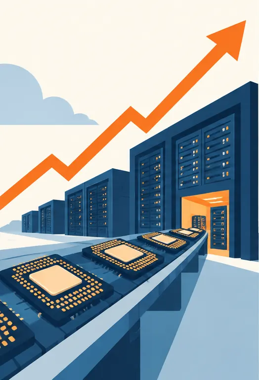 Server chips flowing into a data center under a sharply rising arrow.
