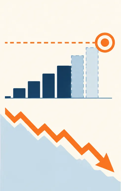 A forecast ladder that falls short of a target line, and a share-price arrow dropping.