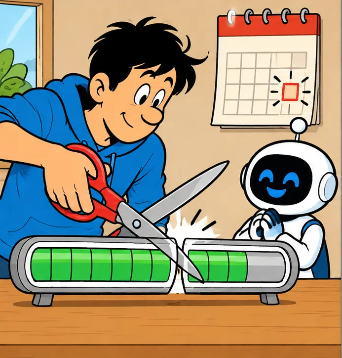 A pair of scissors poised to cut a usage meter in half, a calendar showing the next day.