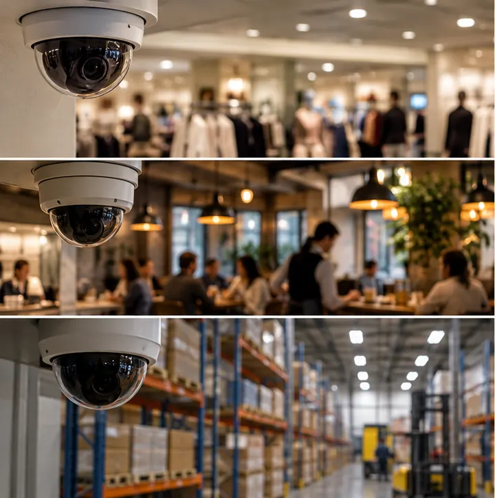 Ordinary security cameras already mounted in a shop, a restaurant and a warehouse.