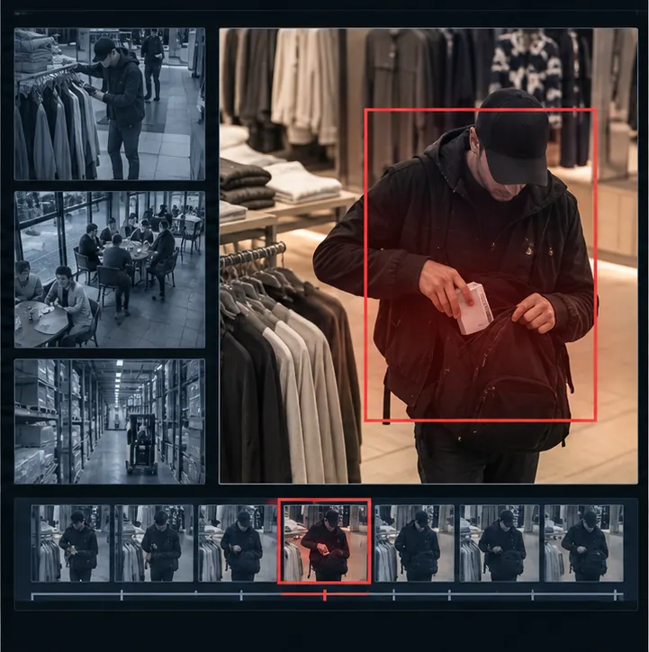 Camera feeds flowing into an AI software layer that flags a person slipping an item into a bag.