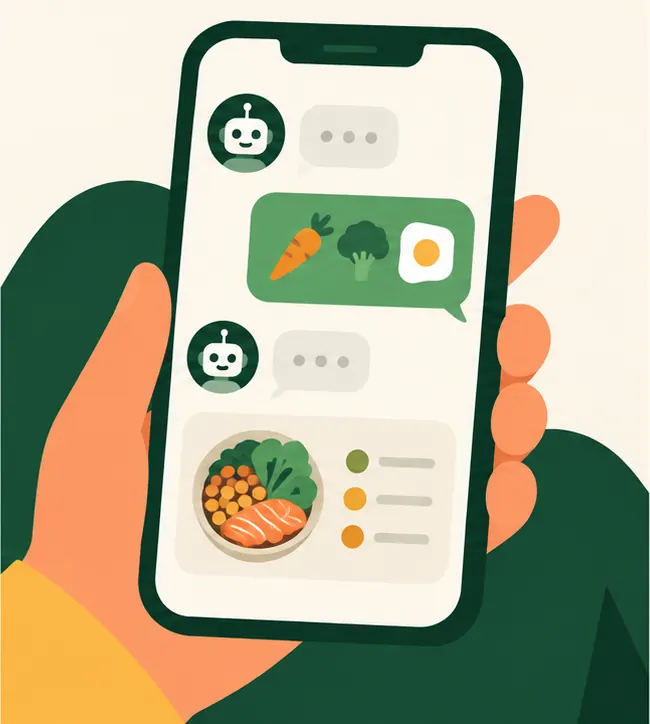 A messenger chat on a phone builds a small meal-plan app on the spot.