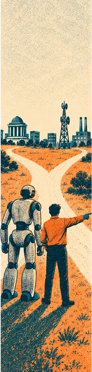 The operator stepping in at a fork in the path to point the large robot one way