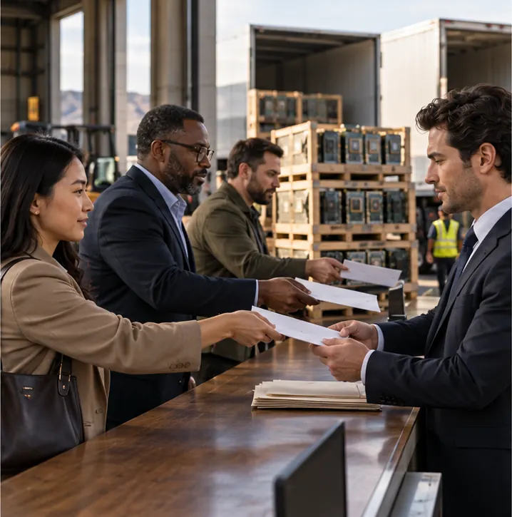 Customers hand payment envelopes over a counter to the company, while crates of chips wait on a loading dock.