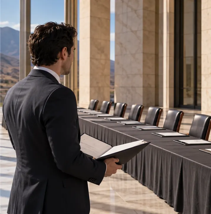 The businessperson waits with an open folder in front of a long lenders' table where every chair is empty.