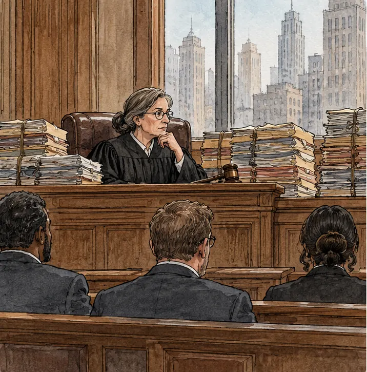 A courtroom in Manhattan, a judge presiding over tall stacks of bundled case files, plain city buildings through the window