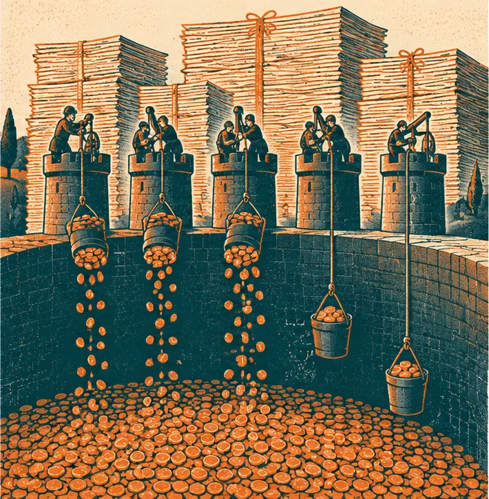 Three of the towers haul up buckets that leak coins, while a huge stack of promissory papers looms behind all five.