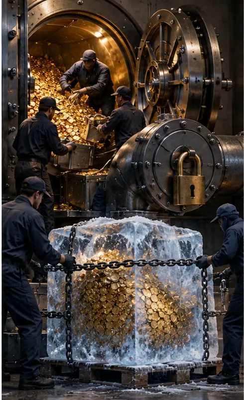Workers refill the emptied vault with fresh coins and padlock its outflow hatch, while nearby a heap of coins is being sealed inside a block of ice.