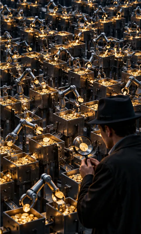 A swarm of small identical mechanical arms passes coins rapidly between hundreds of little boxes in a branching maze, while a lone investigator with a magnifying glass looks on, unsure.