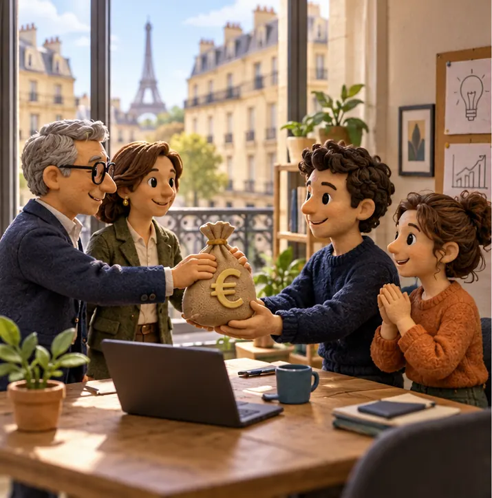 In a small office on a Paris street of cream-coloured stone apartment buildings, two investors hand a small bag of money to a startup team.