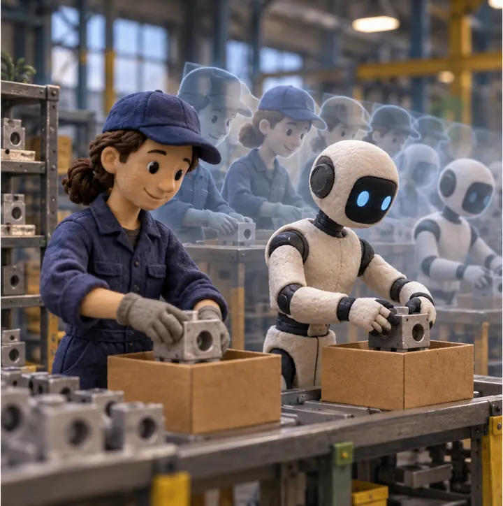In a factory, a worker places a part in a box while a humanoid robot beside them copies the motion, with a row of faint repeats of the demonstration behind them.