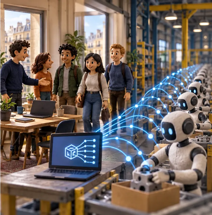New hires walk into the startup's office as a laptop's software spreads out to a line of humanoid robots on a factory floor.
