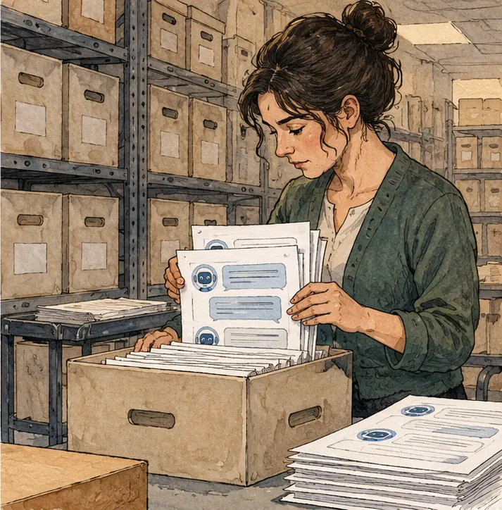 An archive room of boxes, a clerk filing printouts of chatbot conversations
