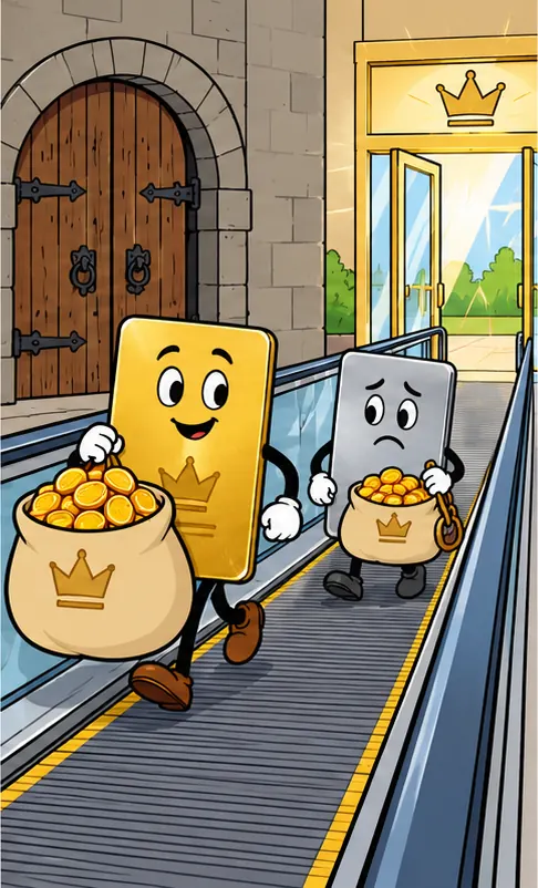 The gold card sits beside a bag of tokens twice the size of the silver card's bag, as members ride a moving walkway from an old door to a new one.