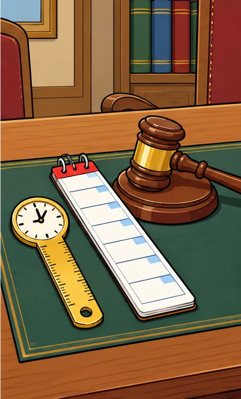 A short clock-face ruler and a long weekly calendar lie next to each other on a desk, with a judge's gavel resting beside them.