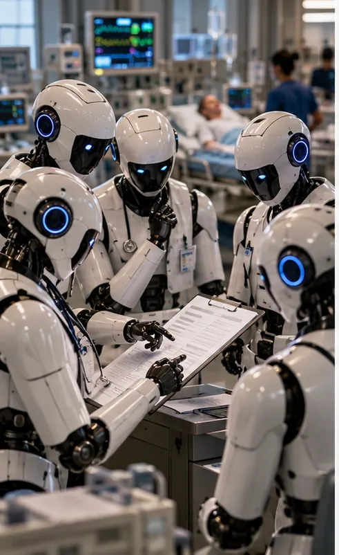 A team of AI agent robots conferring over a patient's chart in a hospital emergency room