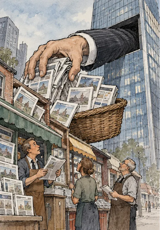 A giant hand reaching out of a looming corporate tower scoops newspapers and web pages from a row of small shopfronts into its own basket, as the shopkeepers watch.