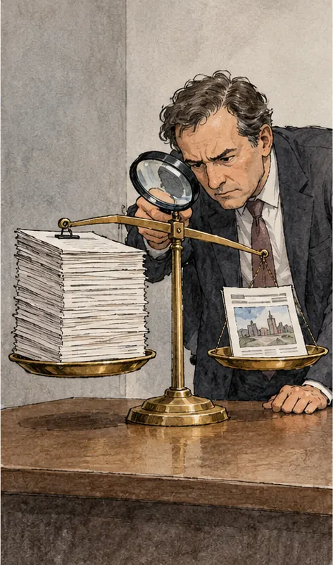 An investigator in a plain office with bare, undecorated walls places a thick contract on one side of a balance scale and a single small newspaper on the other, studying it through a magnifying glass.