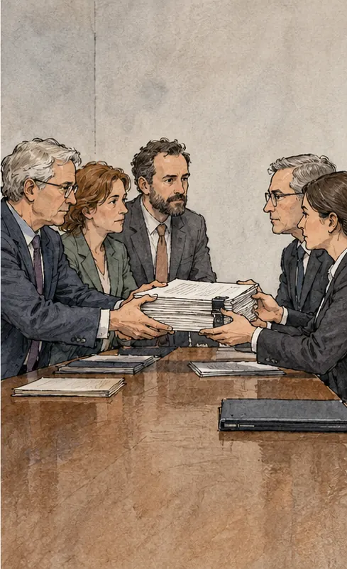 A group of publishers and advertisers hand a thick bundle of papers across a desk to two officials.