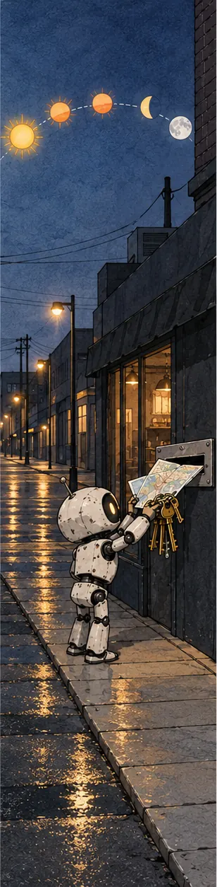 The robot slipping folded maps and keys through a mail slot toward a dark storefront in the distance, while the sun and moon cycle overhead