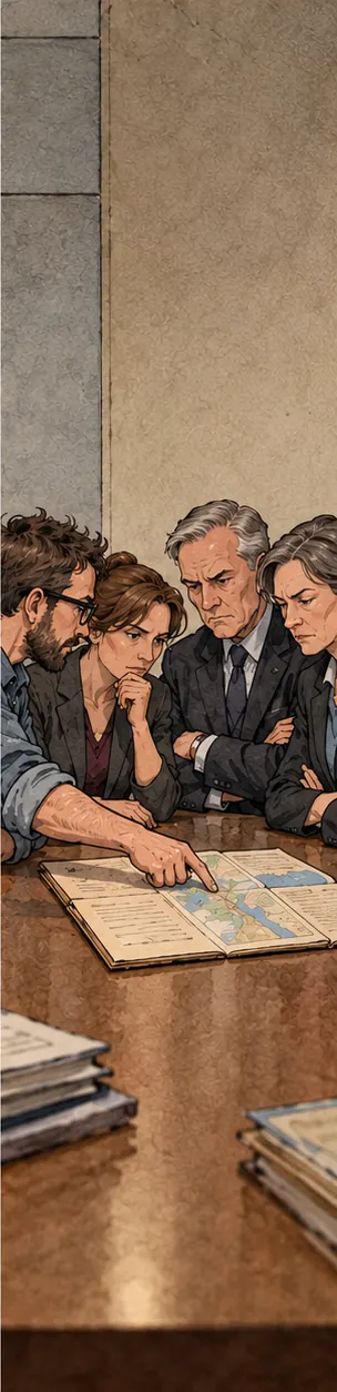 Two groups at a table over an open file, one pointing at it, the other shaking their heads