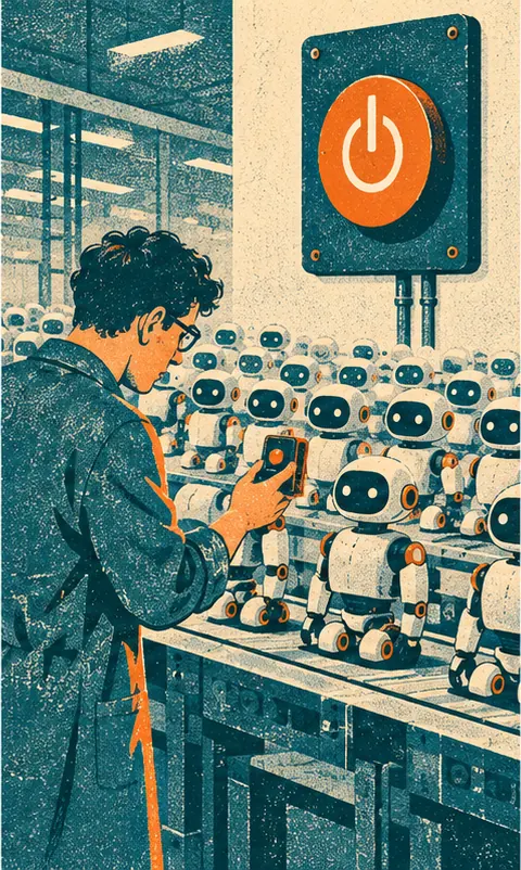 A technician pausing one small robot among many with a hand-held switch, while a single giant off switch on the wall stays untouched
