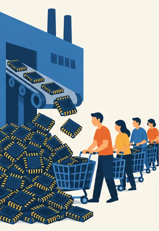 Memory chips pour off a factory conveyor into a huge pile, while buyers with carts queue to take them.