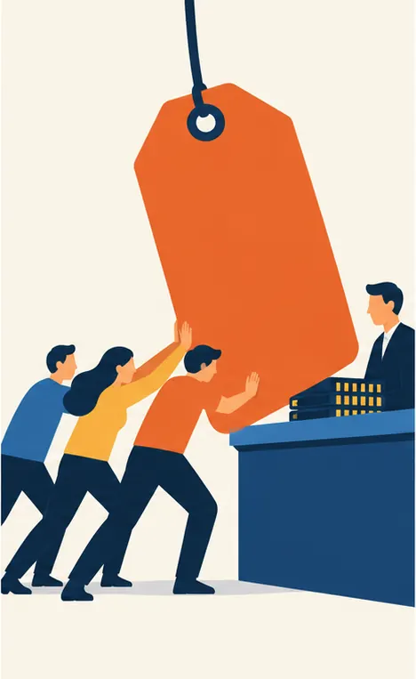 Buyers at a counter push back with both hands against a large blank price tag.