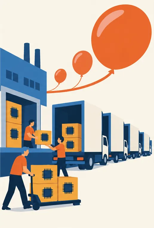 At a second factory, crates of flash memory cards are loaded into a row of data-center trucks while a price balloon above them swells.