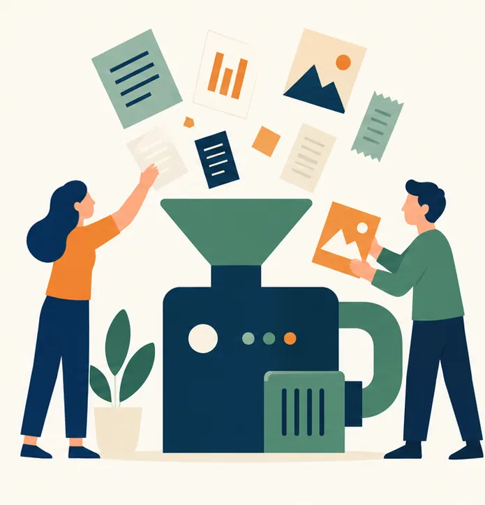 Documents, photos, charts and receipts flowing into a single funnel-shaped reading machine
