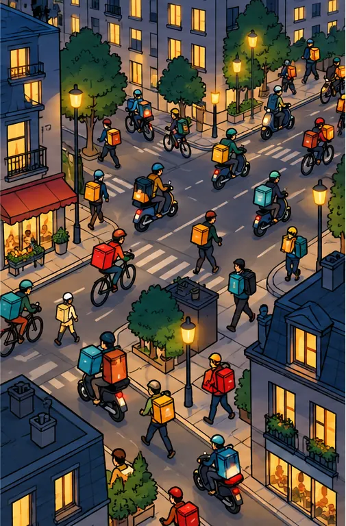 Seen from above, a city at night is filled with streams of human couriers on bicycles, scooters and on foot, carrying insulated delivery bags in every direction; no robots.