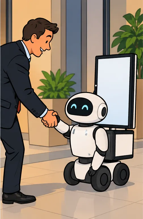 The executive shakes hands with the small robot, which carries a small blank billboard on its back.