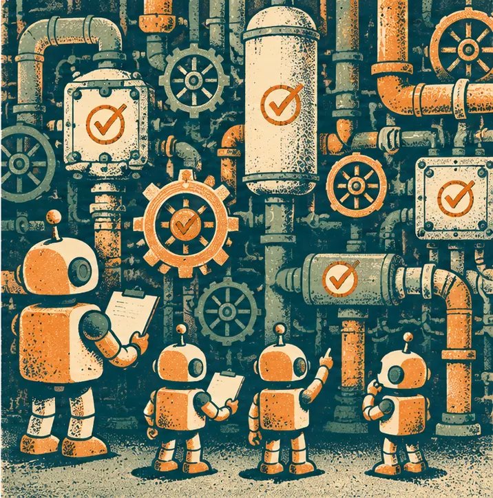 The robots facing a tangle of real software machinery of gears and pipes, about half the parts marked with check marks