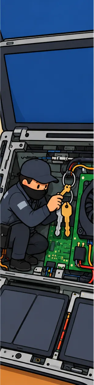 Inside the laptop, a disguised figure in a delivery uniform quietly hanging an extra key on the key ring behind the screen