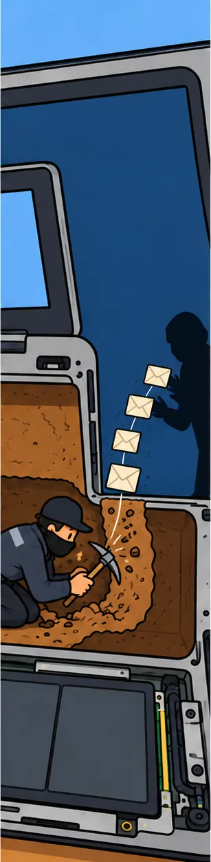 The disguised figure digging a narrow tunnel out of the laptop that stops partway, while small sealed envelopes fly out toward a shadowy figure in the distance