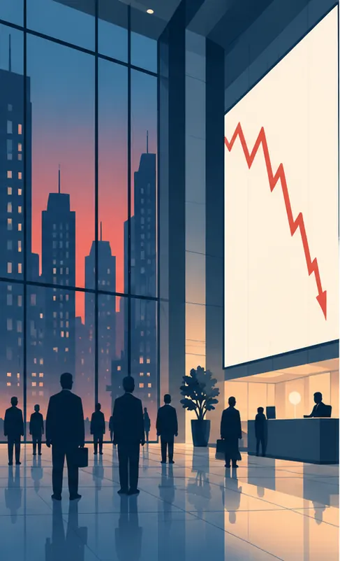 A huge glass office tower at dusk with a plain red line on a wall-sized screen in its lobby plunging steeply downward, no labels