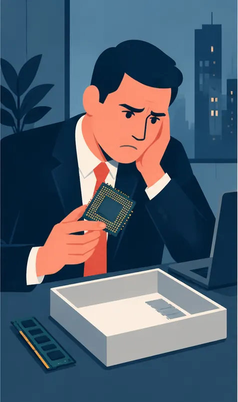 A businessperson at an office desk holding a computer processor chip and frowning at a nearly empty tray beside it that once held memory sticks