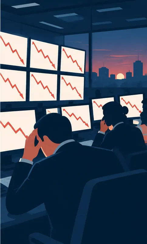 Traders at a row of screens before dawn, every screen showing only unlabeled red lines falling