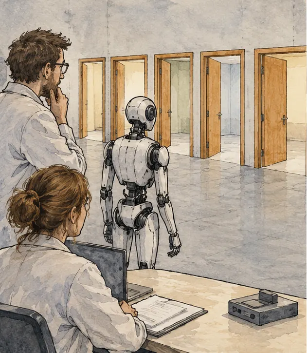 Testers in a lab watching a robot face a row of open practice doorways