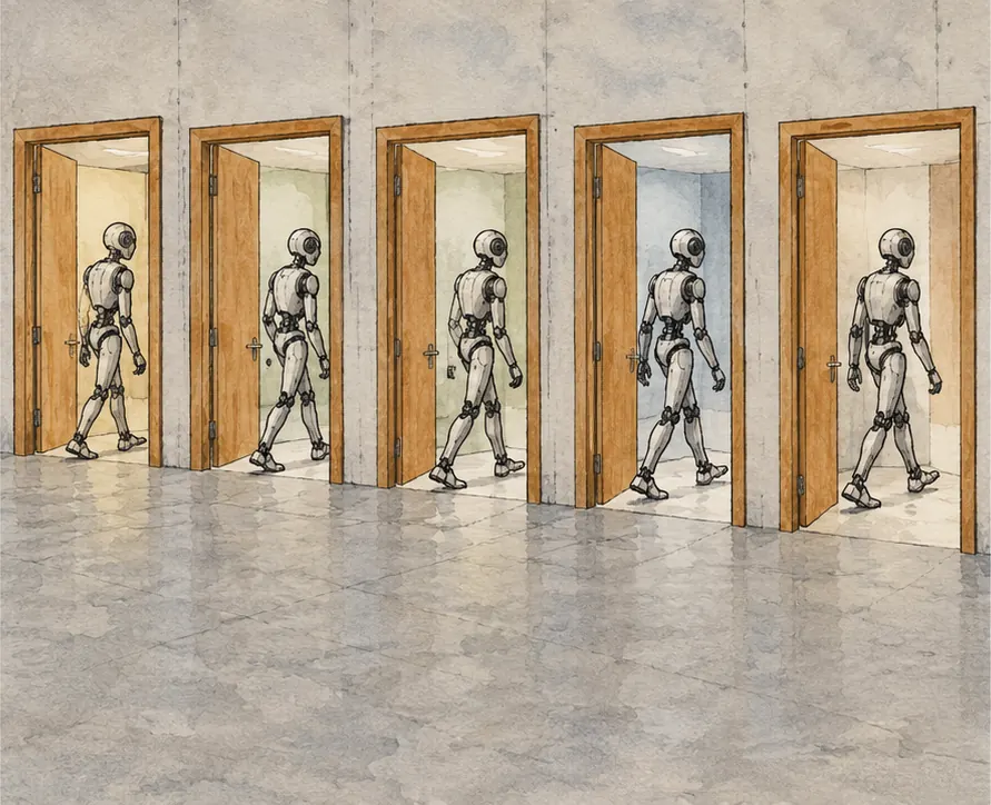 The robot calmly walking through every open doorway in turn without pausing, nothing damaged