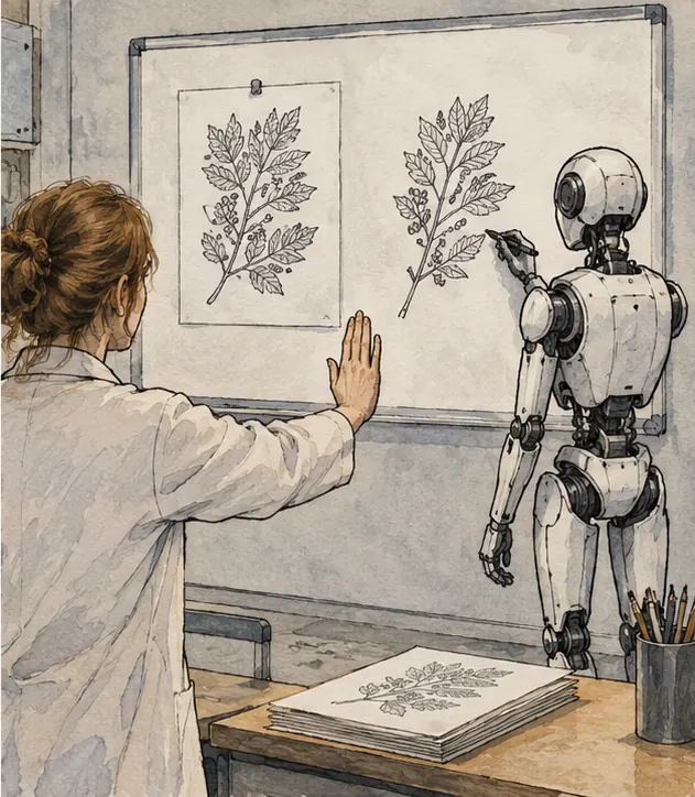 A tester raising a hand to stop it while the robot copies a page from memory onto a board exactly