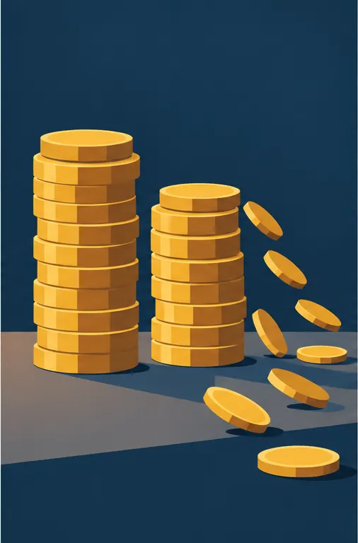 Two tall stacks of gold coins beside each other shrink as coins spill off them and roll away across a table.