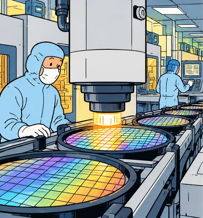 Memory chip wafers being produced in a factory