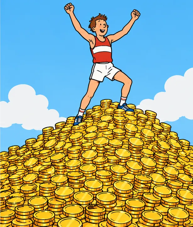 The fourth jumper standing on top of a huge pile of gold coins