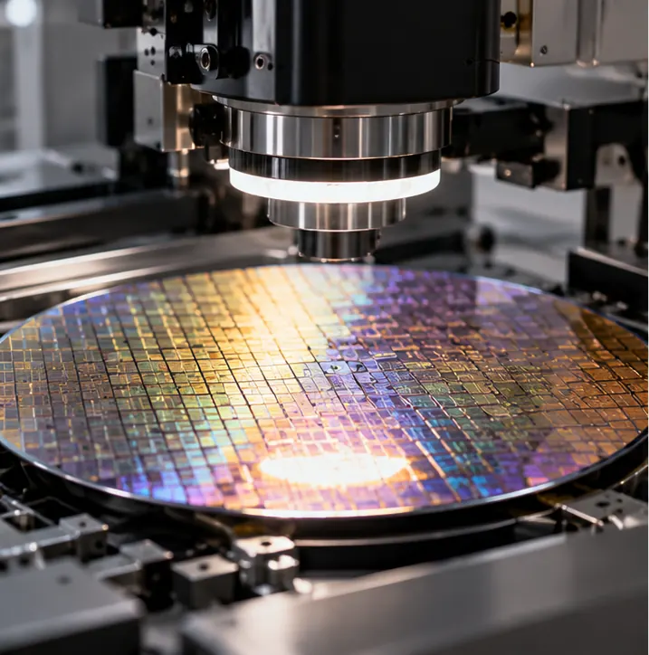 An inspection machine scanning a silicon wafer for tiny defects under bright light