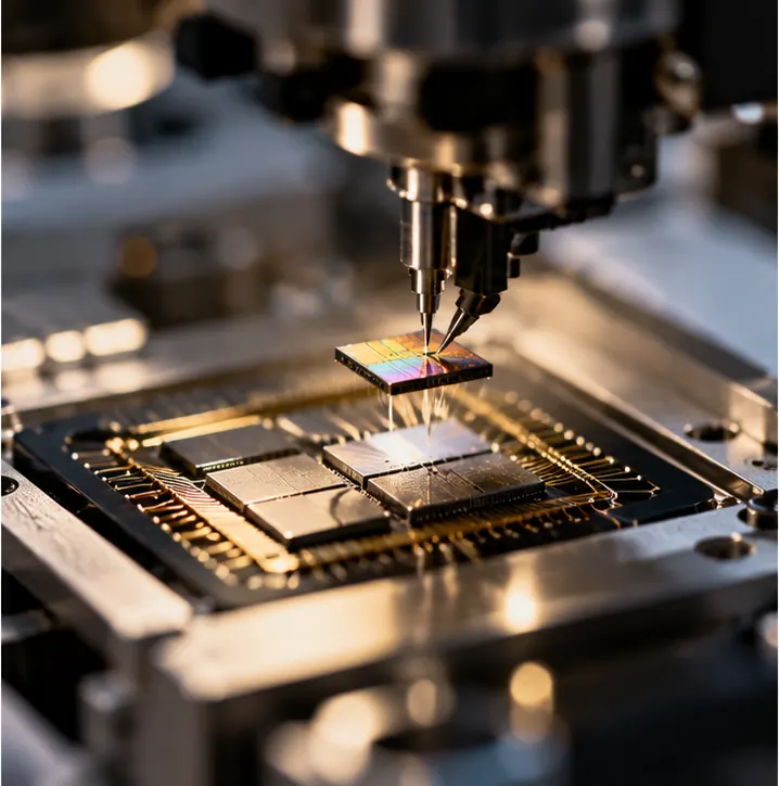 Chip pieces being assembled into a single package under a microscope