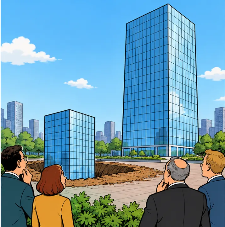 The smaller tower sunk a little way into the ground, still upright, as onlookers watch